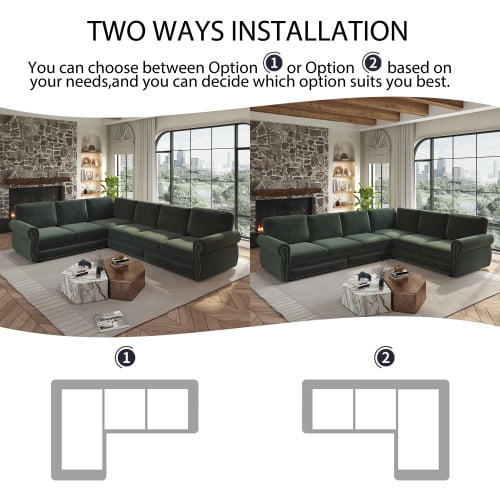 118" L-Shaped Sectional Sleeper Sofa with King Size Pull-Out Bed, Chenille Upholstered, Nailhead Trim & Rolled Arms, Green
