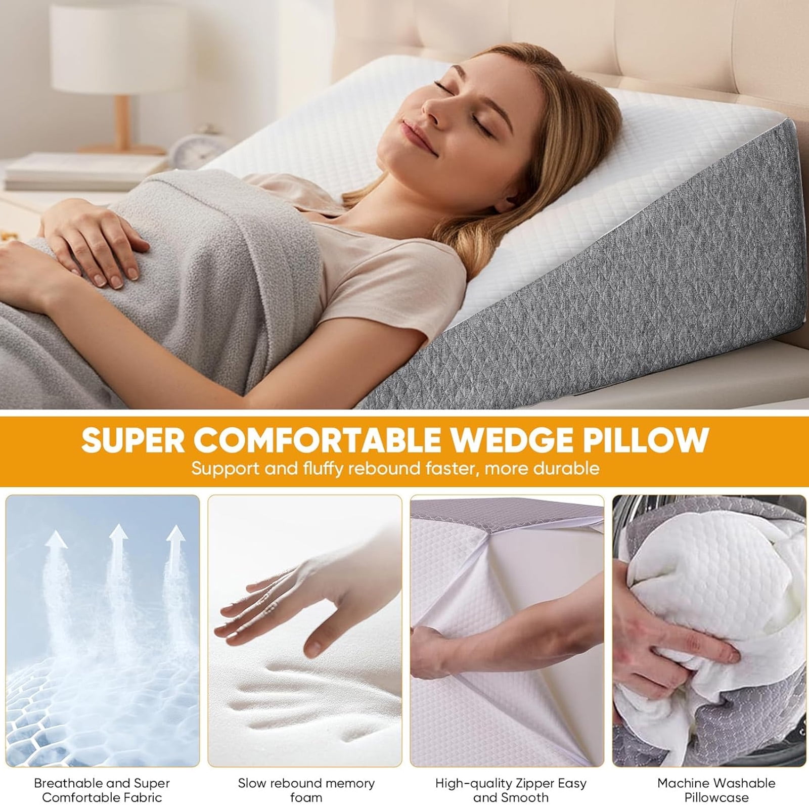 Nextay Wedge Pillow, 7.5 Inch Soft Breathable Foam Pillow for Relieving Neck & Back Pain, Improving Circulation and Relieving Acid Reflux, White & Grey