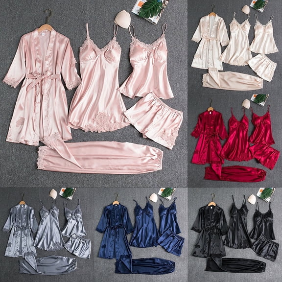 Chroia Women's 5-Piece Silk Imitation Satin Pajama Set - Lace Robe & Nightdress Included