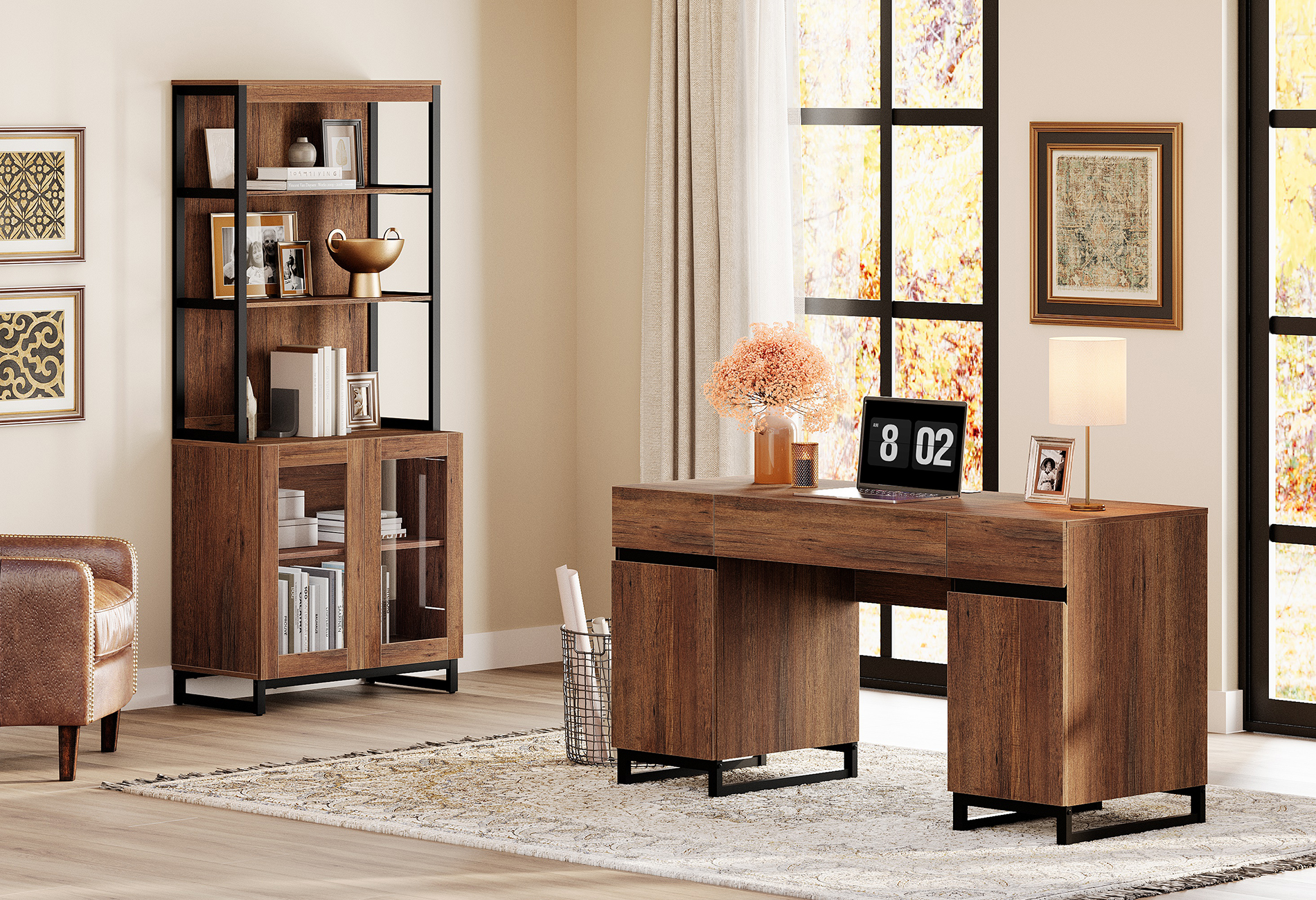 WAMPAT Home Office Furniture Set: 59" Executive Desk with Charging Station and Storage Cabinet, 72" Tall Bookcase, Modern Computer Desk and Library Shelf for Work Study, Brown