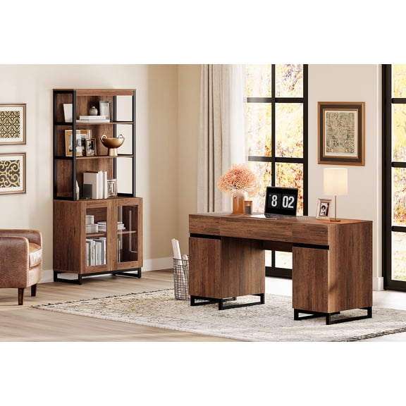 WAMPAT Home Office Furniture Set: 59" Executive Desk with Charging Station and Storage Cabinet, 72" Tall Bookcase, Modern Computer Desk and Library Shelf for Work Study, Brown