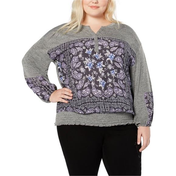 Style & Co. Blusa campesina con estampado de cachemira para mujer, gris, 1X