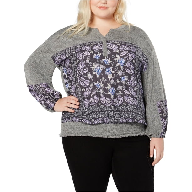 Style & Co. Blusa campesina con estampado de cachemira para mujer, gris, 1X