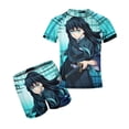 thumbnail image 1 of Demon Slayer Muichiro Tokito Boys 2-Piece Swimsuit Set, Short Sleeve Rash Guard & Swim Trunks, 1 of 7