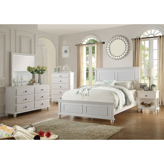 Traditional White 4 Piece California King Size Bed Bedroom Set Nightstand Dresser And Mirror Plywood