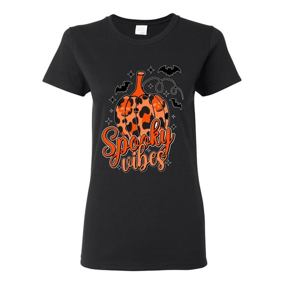 Wild Bobby Spooky Vibes Pumpkin Skulls Bats Stars with Orange and Black Halloween Women Graphic Tee, Black, Small