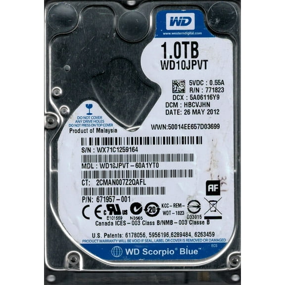 Western Digital WD10JPVT-60A1YT0 1TB DCM: HBCVJHN