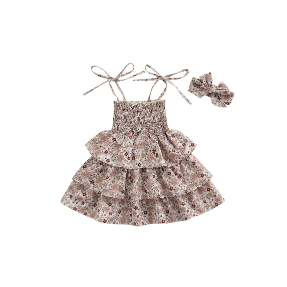 Douhoow Toddler Girl Flower Dress Children Summer Sleeveless Tie-up Layered Dress with Headband