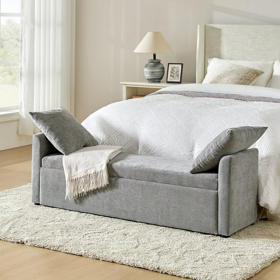 59" Storage Bench Upholstered Bed End Foot Stool 2 Throw Pillows Bedroom Entryway Home Living Room Grey