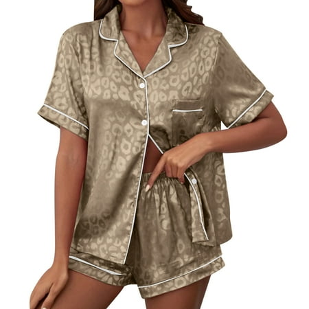 

Womens Pajama Sets Satin Printed Housewear Short Sleeved Lapel Silk Comfortable Womens Loungewear Set