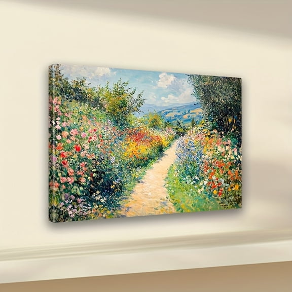 1pc Framed Canvas Art Print of Monet's Garden Path with Vibrant Wildflowers, Impressionist Wall Decor
