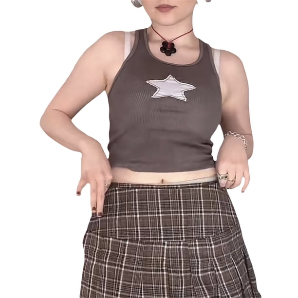 Txlixc Mujeres Verano Casual Retro Estrella Bordado Sin Mangas Crop Tops Txlixc Sexy