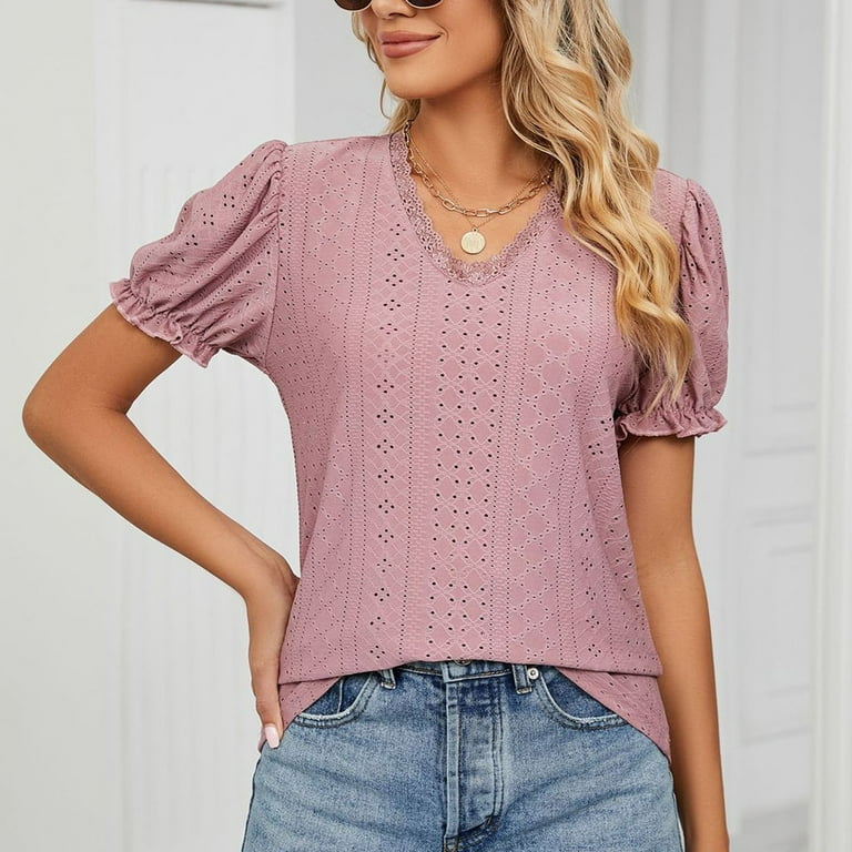 YYDGH Women's V Neck Lace Trim Button Tops Casual Dressy Short