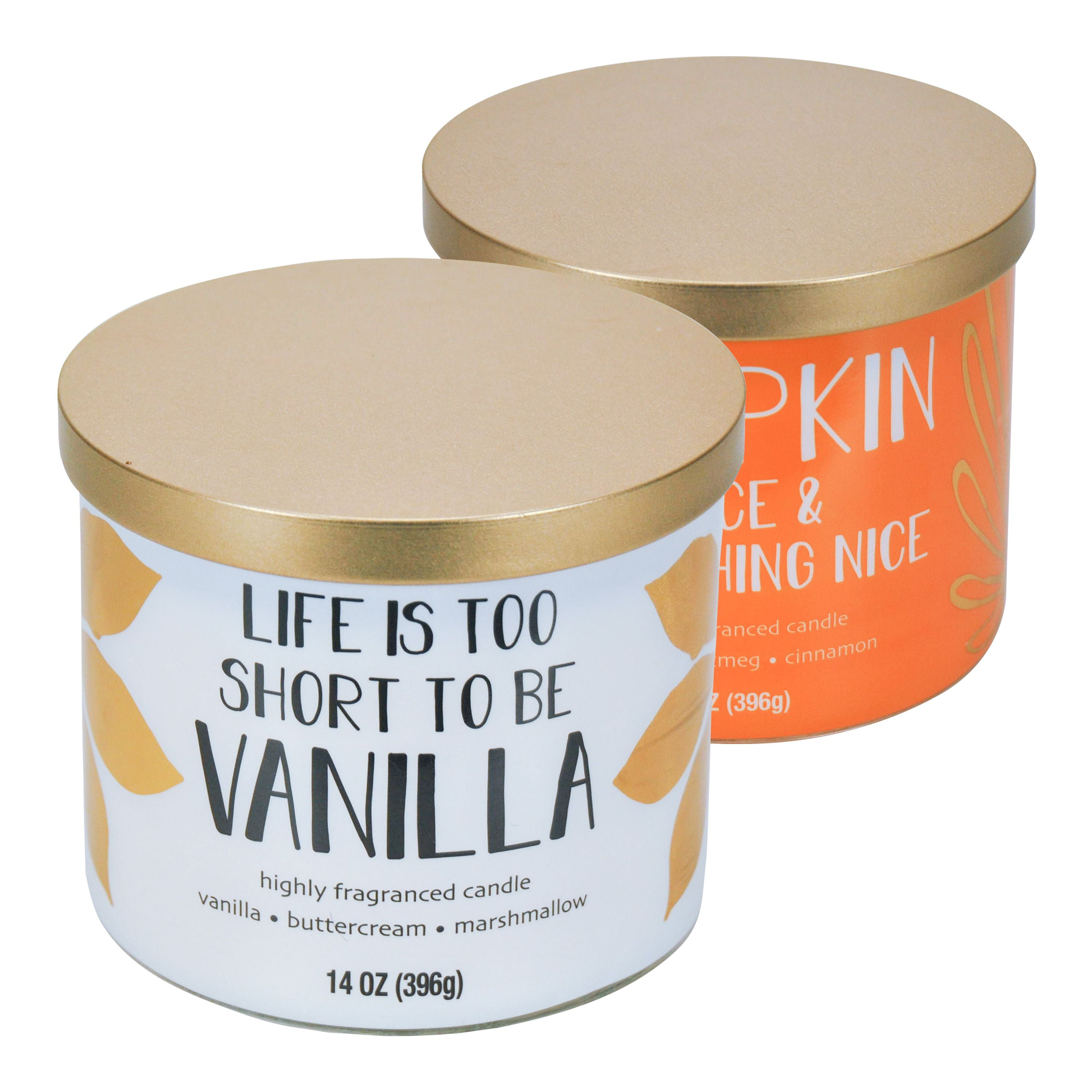 Mainstays Life is Too Short to Be Vanilla & Pumpkin Spice and Everything Nice Scented 3-Wick Candles, 14 oz., 2-Pack