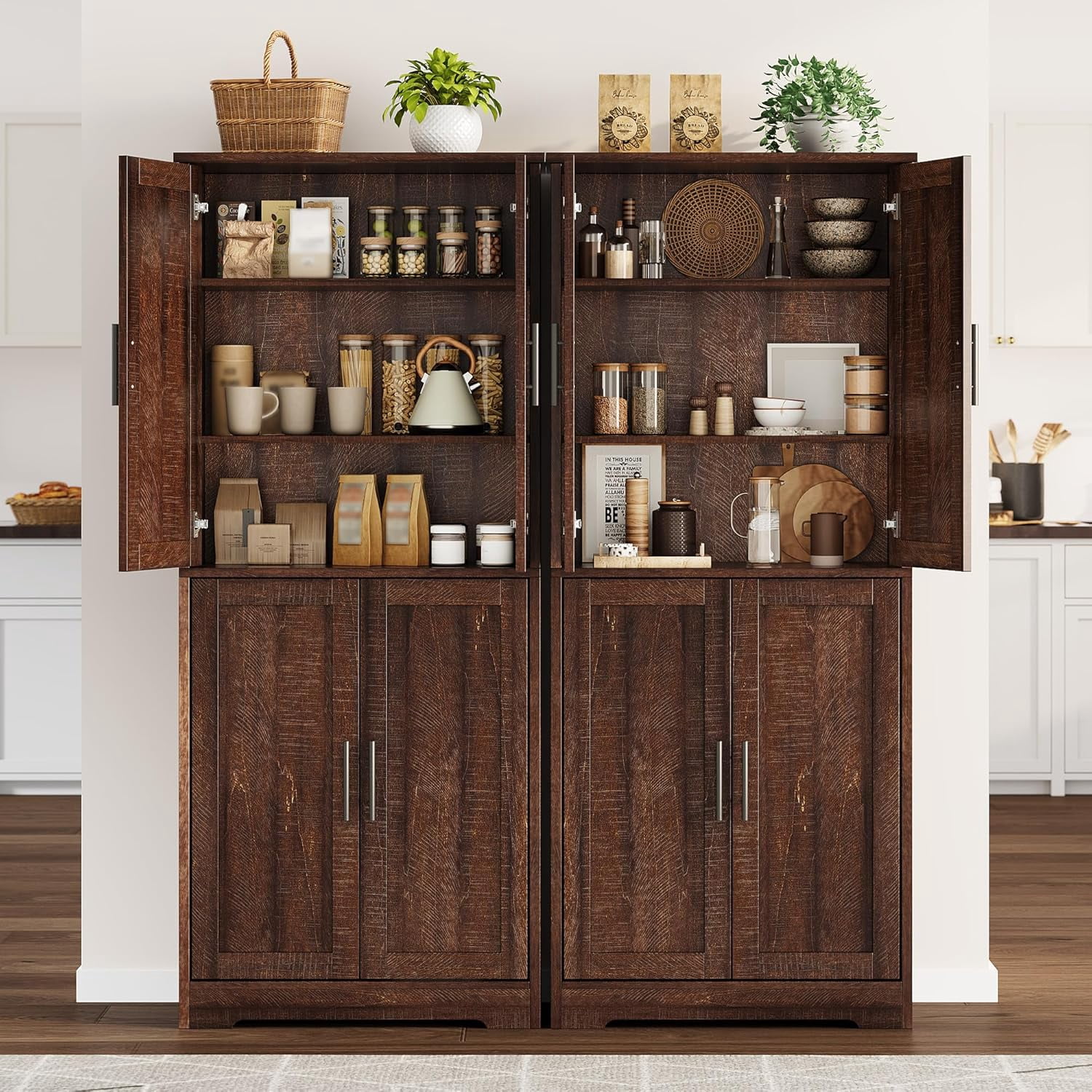70 Inch Tall Kitchen Pantry Cabinet, Freestanding Storage Cabinet with 4 Doors and Adjustable Shelves, Utility Hutch Cupboard for Dining Room, Bathroom, Living Room