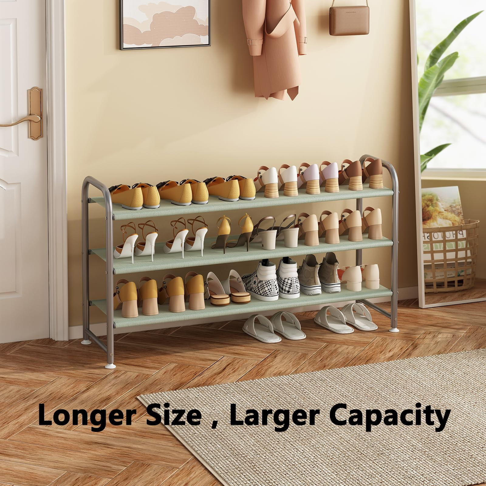 Seamika 3-Tier Shoe Rack Organizer, Metal Shoe Storage Wide Shelf with Non-woven Fabrics for Close Entryway,Grey