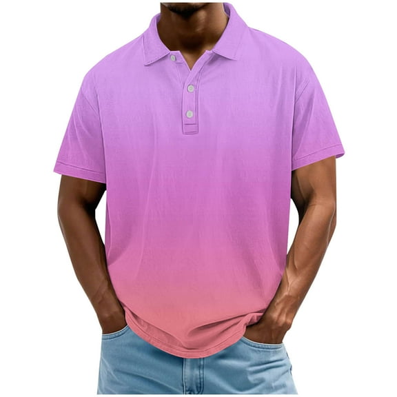 Dagugfen Tops for Men Button Lapel V Neck Short Sleeve Loose Comfy Gragient Color Casual Tee Shirts Fashion