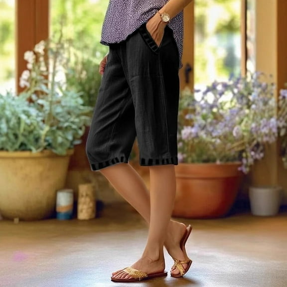 BILIKEYU Pedal Pushers for Women Straight Leg Linen Capri Pants, Linen Capris for Women Petite, Lightweight Summer Pants Women