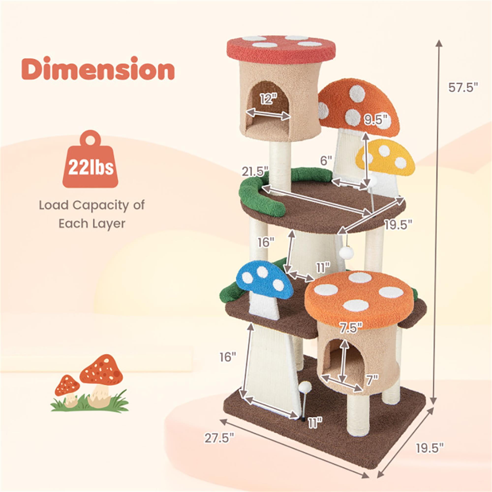 Kadyn 57" Cat Tree Tower with Sisal-Covered Scratching Post, 4-In-1 Mushroom Cat Condo with Padded Perch, for Small Spaces, Kittens, Multicolor