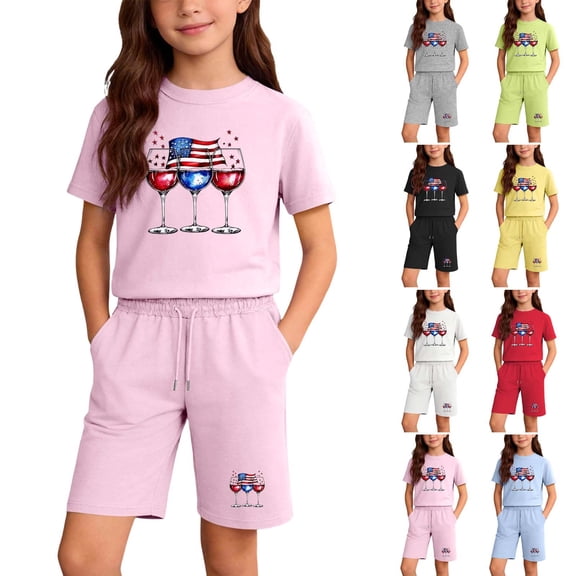 Summer 2 Piece Set For Kids Crew Neck Short Sleeve Tees Elastic Waist Shorts July 4th Print Casual Comfy Comfy (13 Years, Pink)