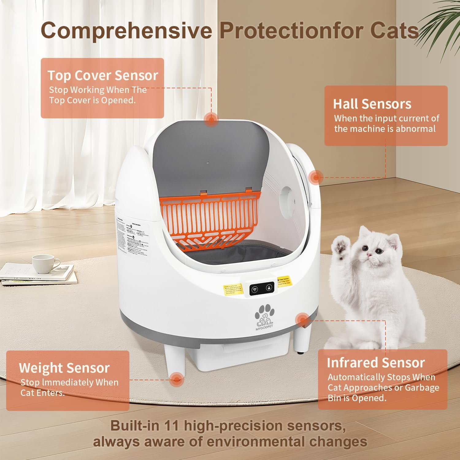 Self Cleaning Cat Litter Box, Open-Top Automatic Cat Litter Box for Multiple Cats, with Safety Protection, Smart App Control, Removable Washable Liner