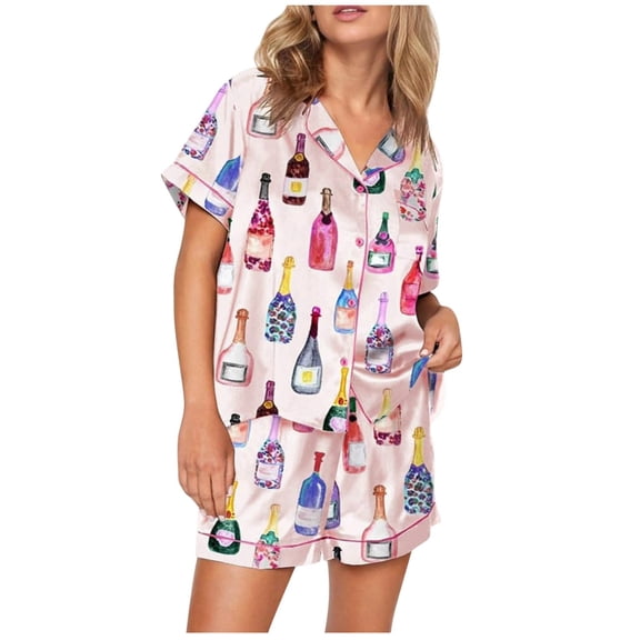 vigerkar Women Pajama Bow Heart Print Long Sleeve Pjs Cute Lounge Outfit Graphic Satin 2 Piece Shorts Set Pink, S