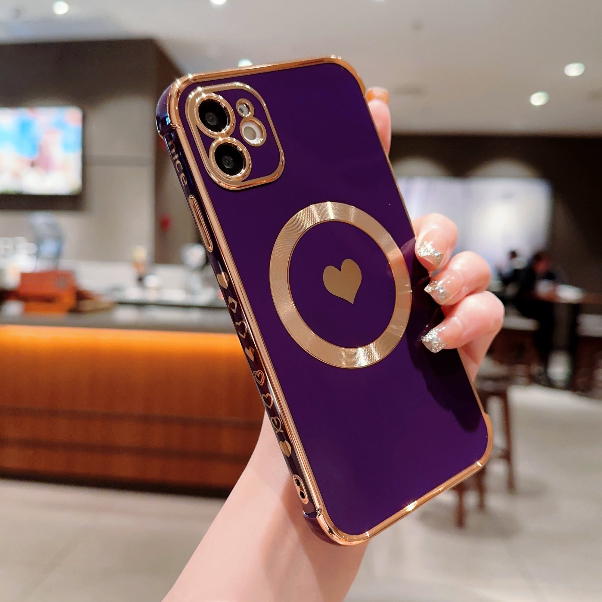 Feishell for Apple iPhone 11 (6.1 inch) Cute Love Heart Pattern Phone Case for Women Girls,Compatible with Magsafe Charging,Luxury Plating Edge Soft Silicone Shockproof Slim Phone Case,Darkpurple