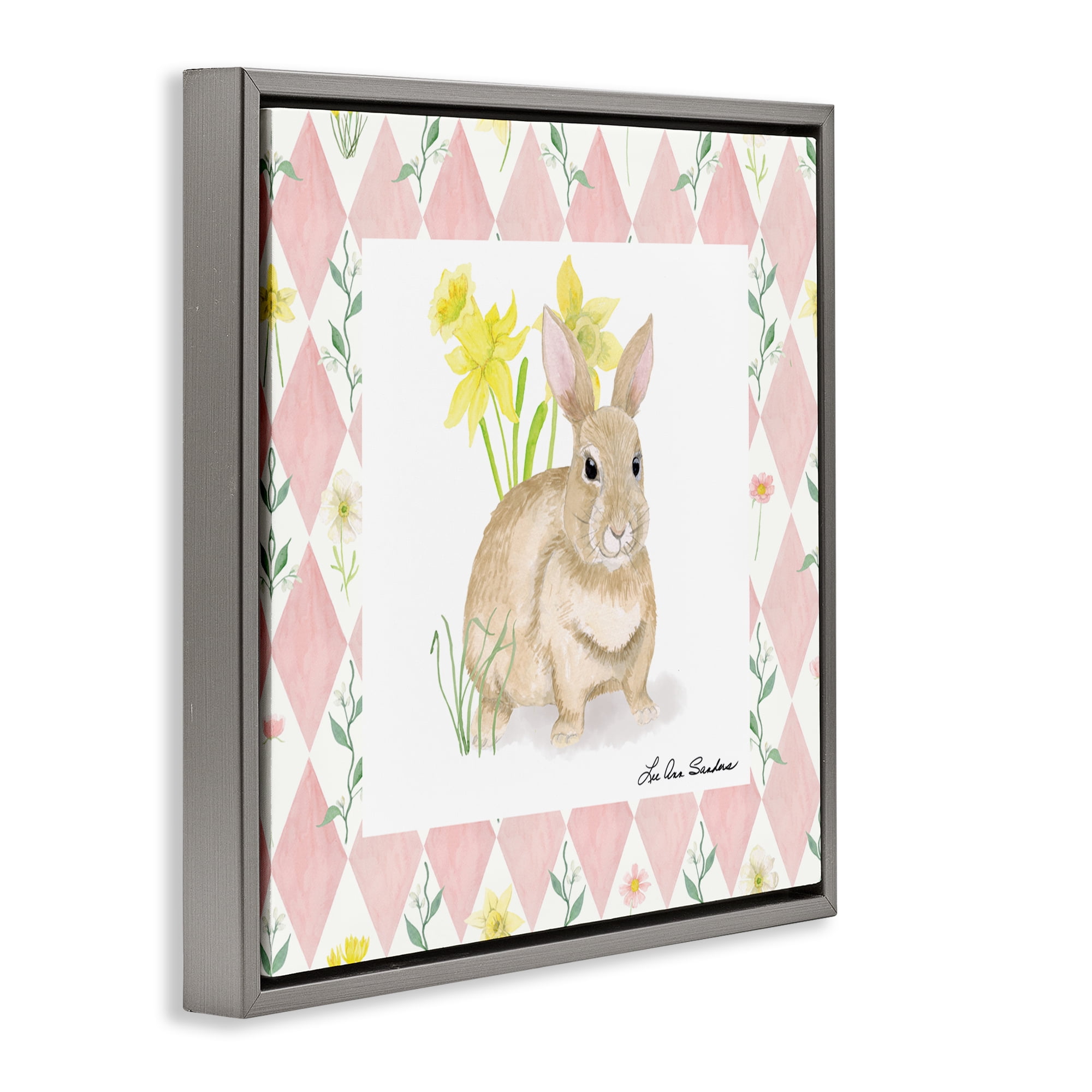 Bunny on Pink Argyle Gray Framed Floater Canvas Wall Art, design by Lee Ann Sanders
