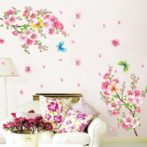 3D maison créative fleur de cerisier autocollant mural Art décor à la  maison fleurs papillon arbre papier peint 110 cm * 120 cm 