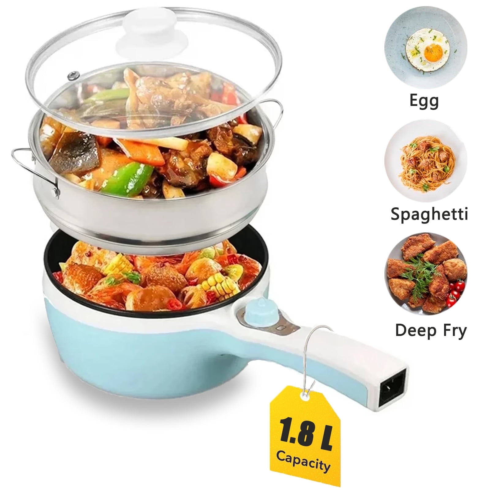 DICEEVIL 1.8L Electric Hot Pot with Steamer, Non-Stick Ramen Cooker Portable Mini Hot Pot with Dual Power Control for Pasta, Dumplings, Soup, Steak, (Rotary Switch) Blue