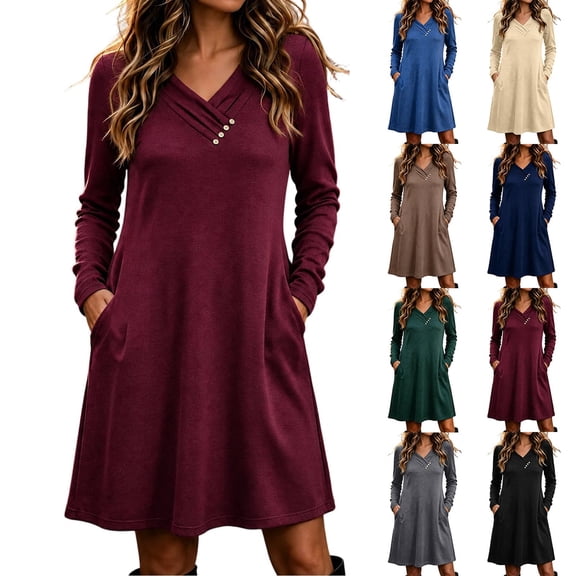 YuXingFu Fall Dress for Women Solid-color V-neck Long-sleeve A-line Loose Casual Midi Dress with Buttons And Pockets