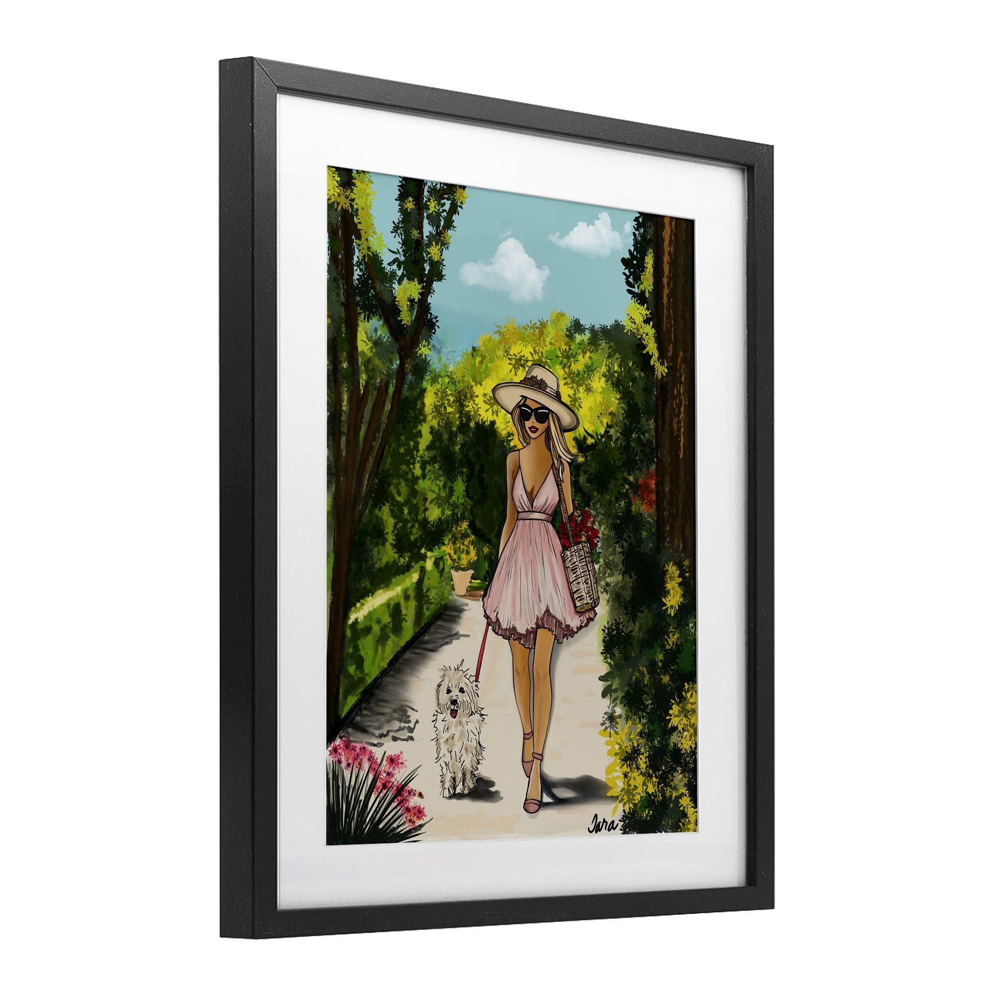 Stupell Industries Garden Girl Strolling with Pup Black Framed Print Under Glass, design by Tara Boone