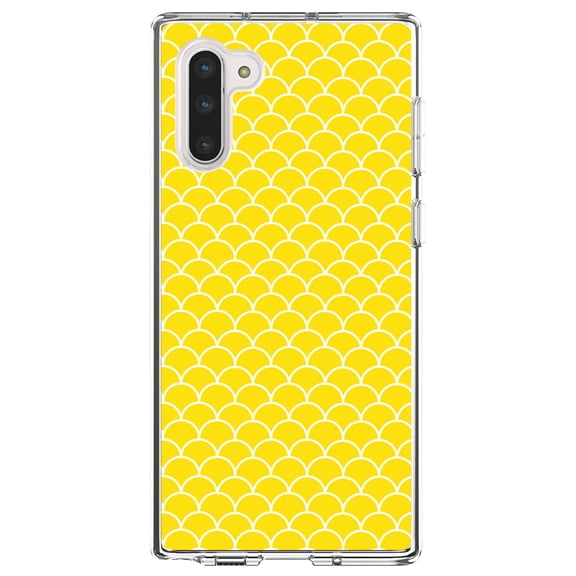 DistinctInk Clear Shockproof Hybrid Case for Samsung Galaxy Note 10 (6.3" Screen) - TPU Bumper, Acrylic Back, Tempered Glass Screen Protector - Yellow White Scalloped Pattern
