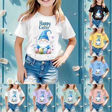 LRen Easter T Shirts for Kids Girls Rabbit Print Short Sleeve T Shirt Top Trendy Happy Easter Funny Tees T Shirt for Boys and Girls