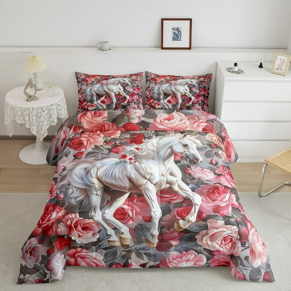 Erosebridal White Horse Comforter Sets, Romantic Rose Comforters & Duvets, Western Reversible Duvet Insert, Microfiber Bedroom Decor, 2 Pieces