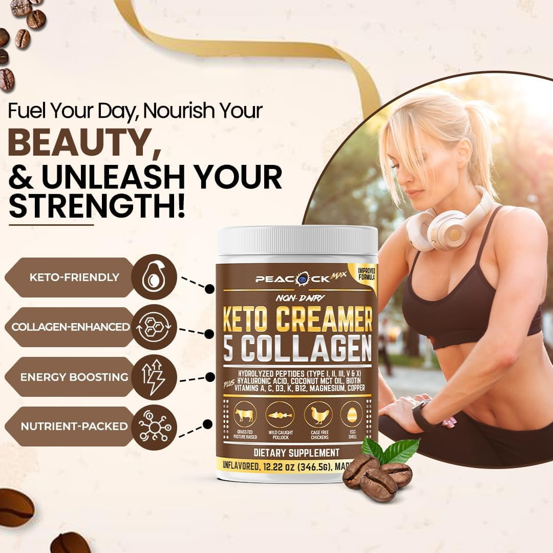 Peacock Max Keto Collagen Coffee Creamer – 12.2 oz Unflavored Protein with MCT Oil, B12, Magnesium