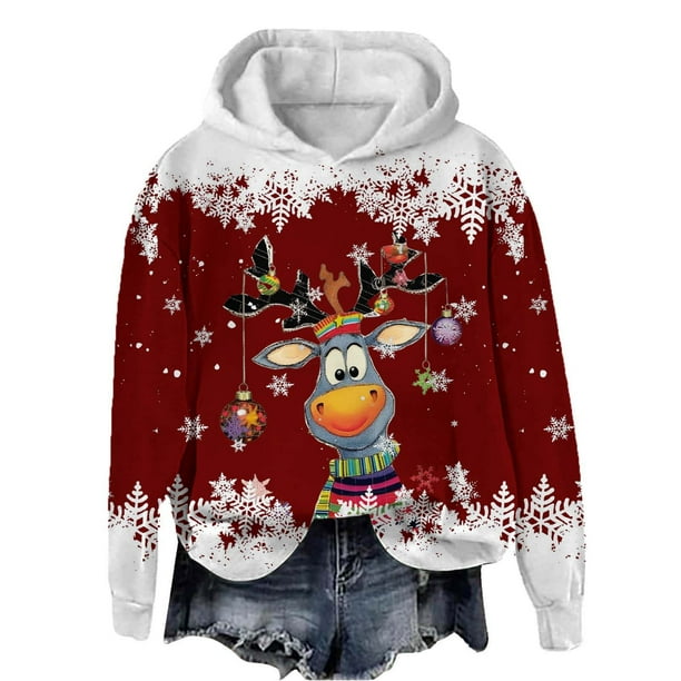WILLBEST Sudadera de Mujer con Capucha, Estilo Casual, con Estampado Navideño de Ciervos con Cabeza Grande y Copos de Nieve Cuello Redondo, Manga Larga y Diseño Ligero Grande