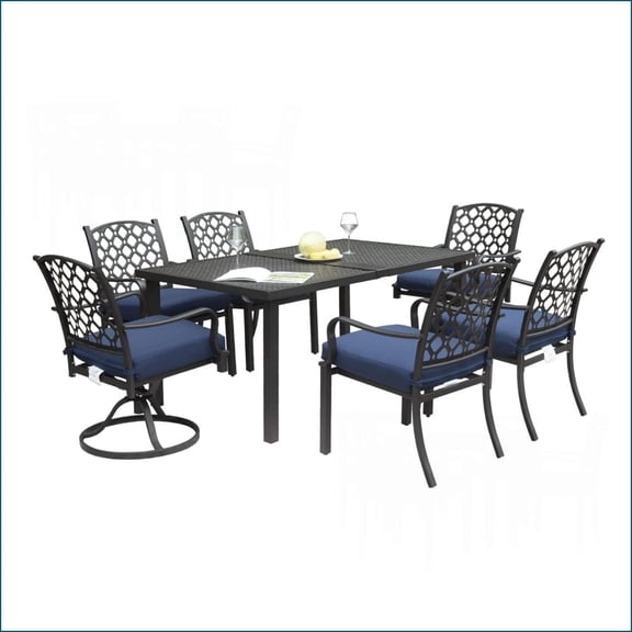 Patio Dining Set 7-Piece, Metal Table & Swivel Chairs with Removable Navy Blue Cushions for Garden Lawn Yard | Navy Blue | Metal
