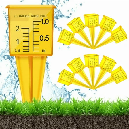 Vongem  10 Pcs Freeze-Proof Plastic Rain Gauge Two Readings Metric and Imperial Measurements Clear Easy to Read Bright Yellow Sprinkler Gauge with Stake for Outdoor ,Garden,Lawn Backyard