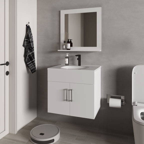 Slater Floating Bathroom Vanity Set with Sink, Two-Door Cabinet, and Mirror,White