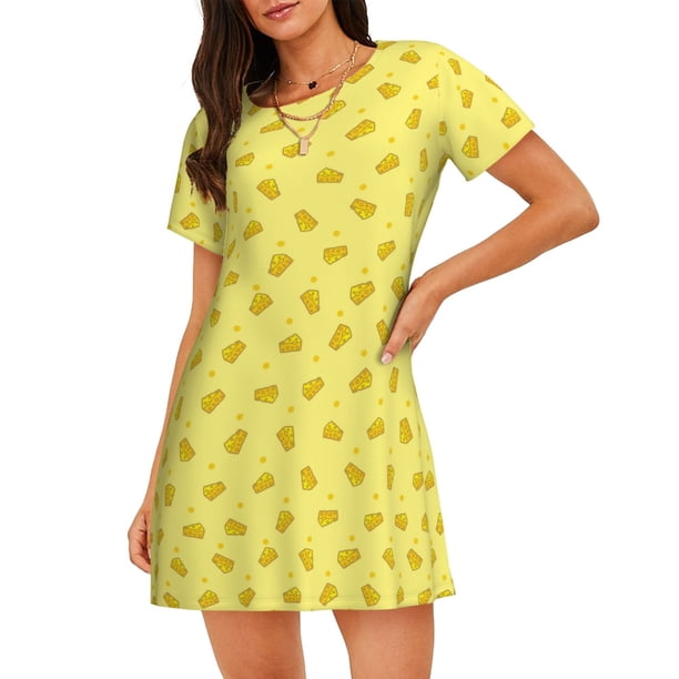 Fotbe Cheese 1 Bata de Dormir para Mujer con Estampado, Camisón de Algodón de Manga Corta, Ropa de Dormir Casual