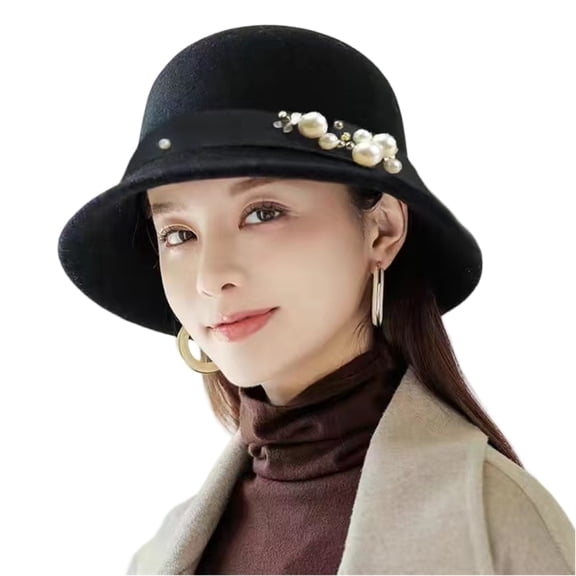 Yungyresw Fashion Cloche Hat For Women Vintage Felt Design Elegant Bucket Hats Short Brimmed Round Top Stylish Casual Cap Black
