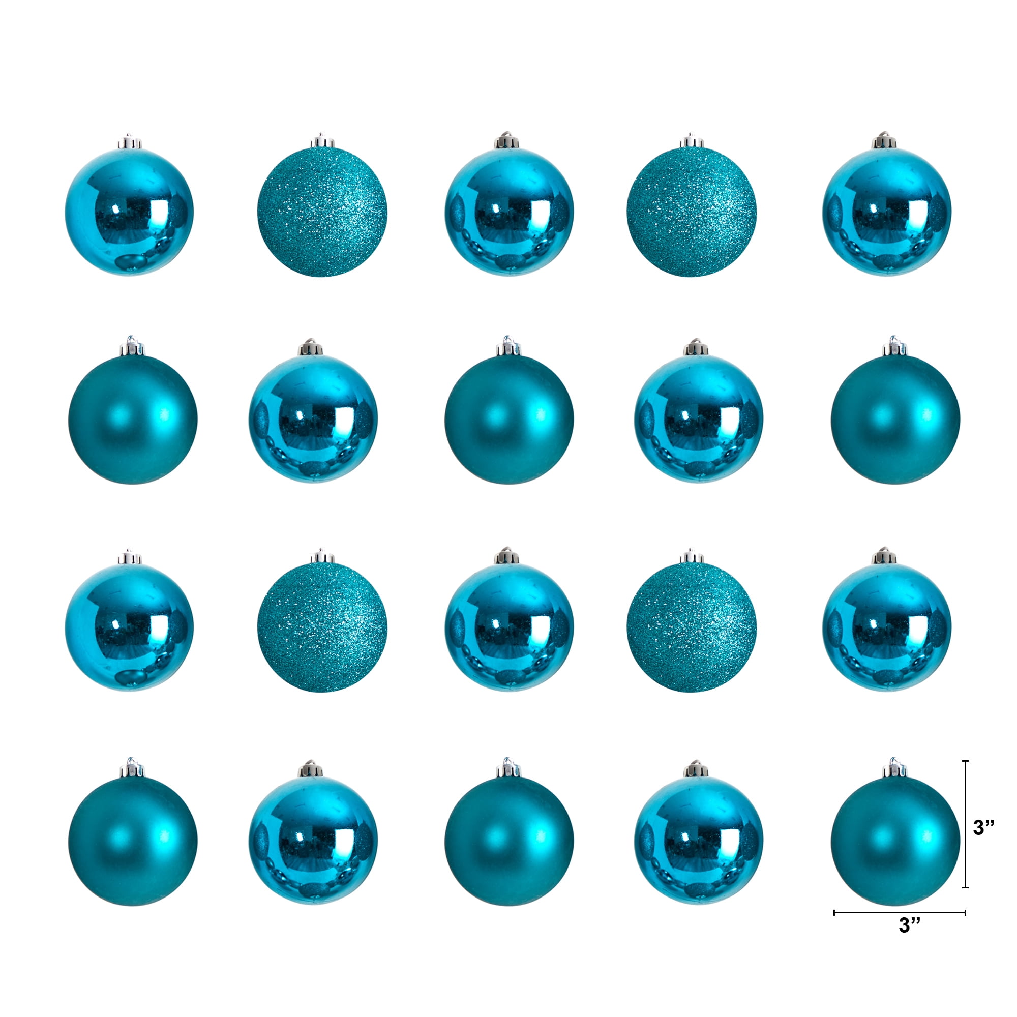 Nearly Natural Teal Plastic Holiday Christmas 3" Shatterproof Ornament Set, 20 Count