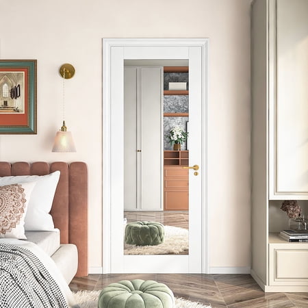 28" X 80"French Slab Door,1-Lite Mirror Solid Wood Slab Interior Doors Pre-Assembled for Pantry Laundry Closet Bathroom,White Primed Panel Door,w/o Hardware