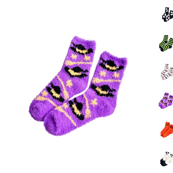 Halloween Fuzzy Crew Socks Pack, Warm Cozy Plush Holiday Novelty Socks, Indoor Lounge Sleep Socks, Soft Fluffy Halloween Sock for Home Wear & Holiday Gifts Purple
