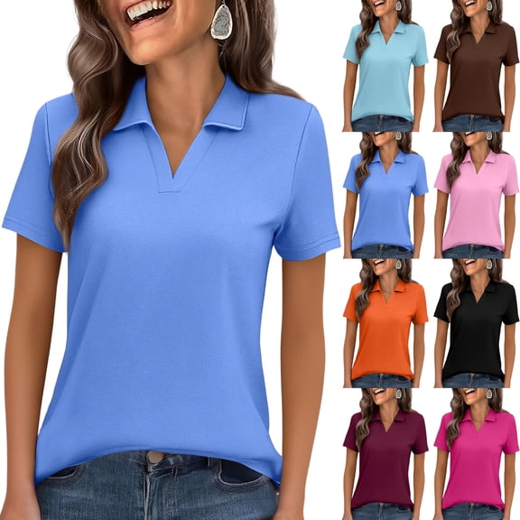 Collared Polo Shirt for Women V Neck Short Sleeve Soft Breathable Lightweight Casual Business Golf Tennis Tops, #02 Royal Blue, XXL