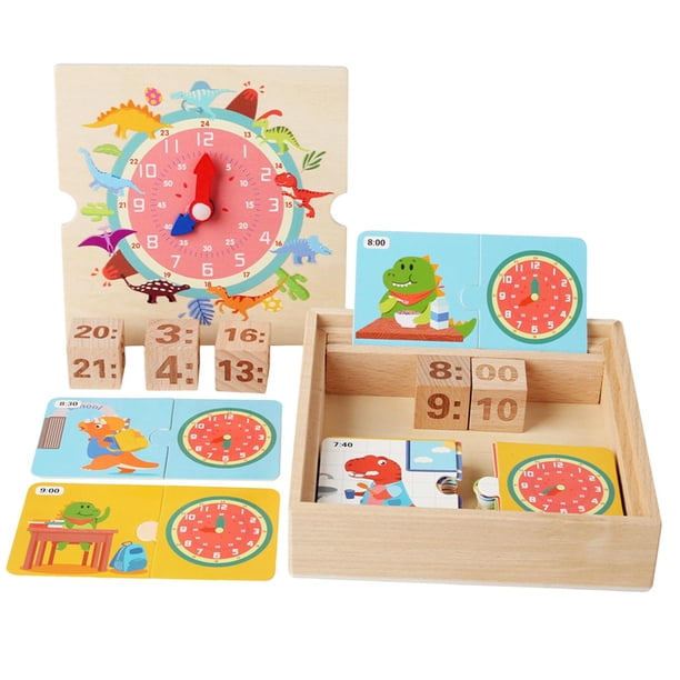 Montessori Dinosaurio Enseñanza Reloj Hora Minuto Reloj de madera Juguete para jardín de infantes