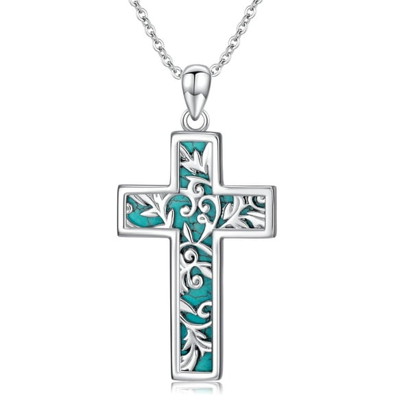 Natural Turquoise Cross Necklace for Women 925 Sterling Silver Ladies Floral Cross Pendant with Genuine Turquoise Jewelry Gifts