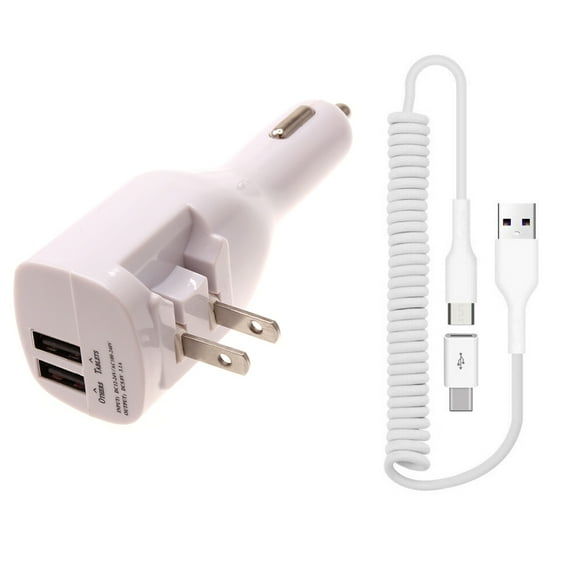 2-in-1 Car Home Charger for Nokia C300, G100, C110, G310 5G Phones - Coiled USB Cable Micro-USB to USB-C Adapter Charger Cord Power Wire Folding Prongs for Nokia C300, G100, C110, G310 5G Models