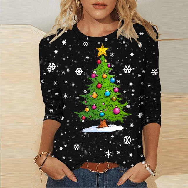 Meichang Hauts à Manches 3/4 pour Femmes Chemises de Noël Classiques Coupe Ample Col Rond T-Shirts Graphiques Arbre de Noël Décontractés Offres de Noël 2024